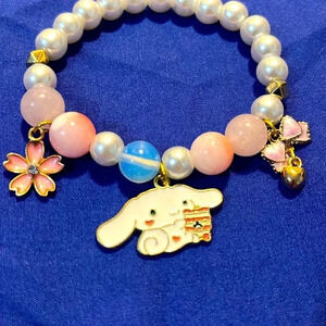 Cute Girl Gift Pink Cinnamoroll Bracelet Flower Bow Crystal Beaded Enamel Charms